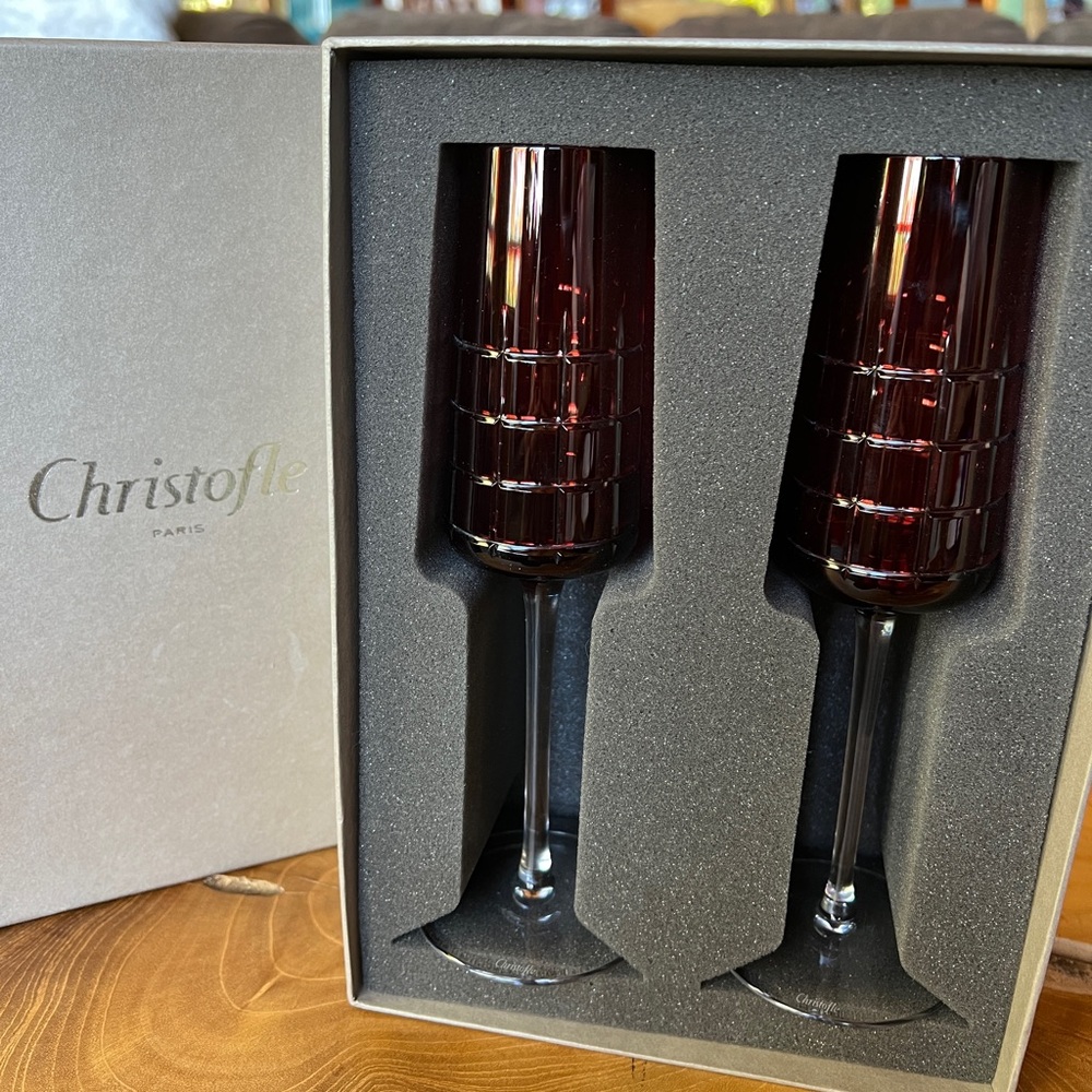 Christofle Crystal Graphik Set of 2 Champagne Flutes Christofle Red - Picture 7 of 7